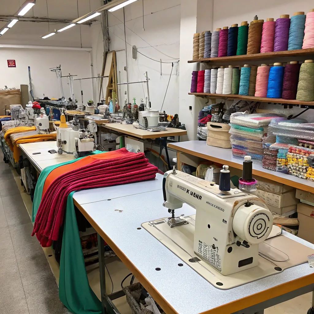 Tailoring workshop with sewing machines and fabric rolls